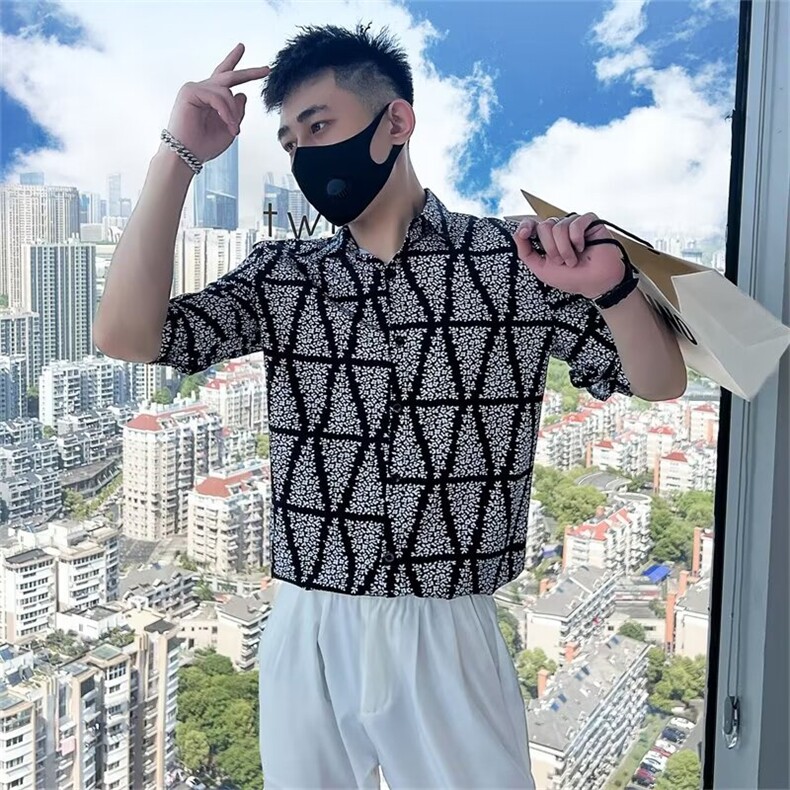 规则花纹衬衫修身上衣质量 M-3XL T144图片