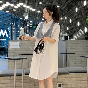 现货衬衣裙女2022夏宽松韩版中长款连衣裙通勤A字裙拼接假两件棉图片