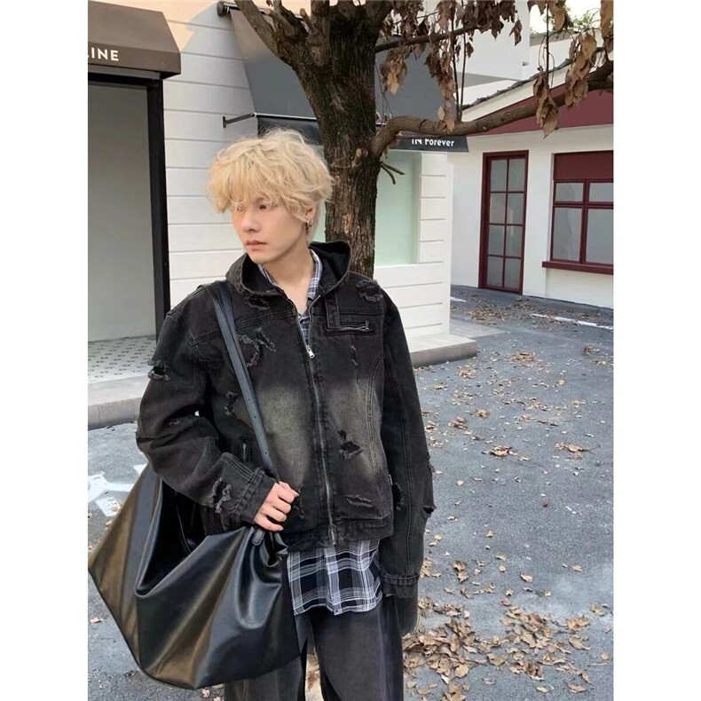 美式复古拉链破洞连帽牛仔外套男款潮流宽松百搭水洗做旧夹克上衣,男装夹克,星座506A
