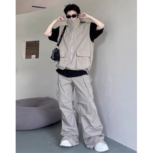 秋装工装机能风连帽背心套装男小众设计感拉链长裤两件套 M8090图片
