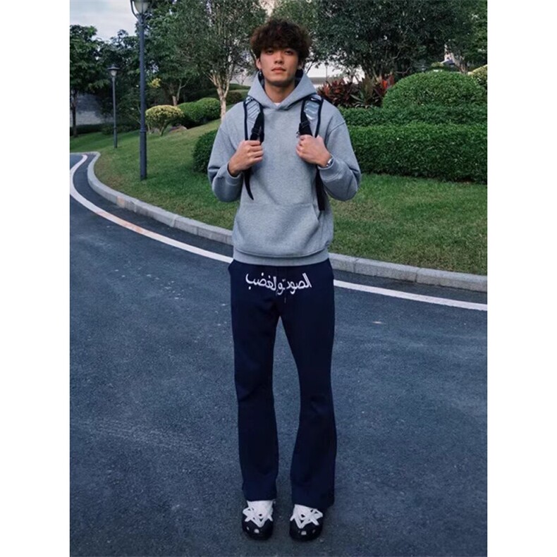 藏青色阿拉伯文刺绣裤子男款冬季美式运动卫裤显瘦篮球微喇休闲裤,男装休闲裤,四季星座505