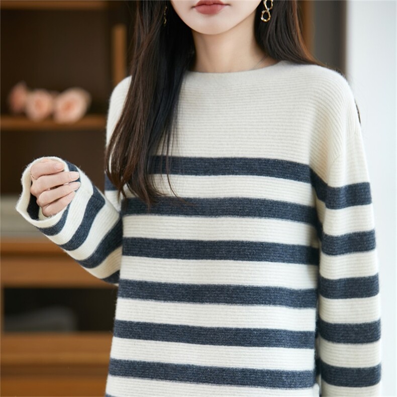 慵懒风条纹针织衫女100纯羊毛打底毛衣2025新款加厚保暖法式毛衫,女装羊毛衫,迅太羊绒