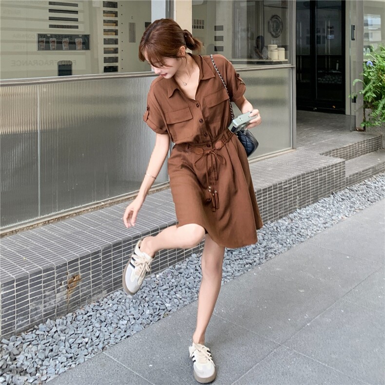 2025夏季松弛慵懒风翻领淡人连衣裙女设计感小众复古工装风衬衫裙图片