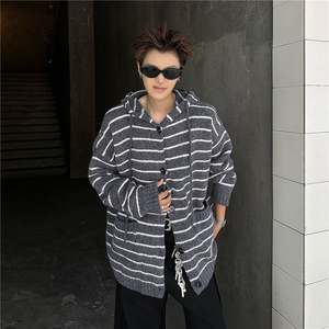 秋冬新条纹连帽毛衣男女同款美式复古慵懒风撞色针织开衫外套潮流