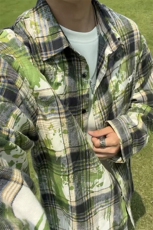 扎染格子衬衫男生春秋季中性简约风情侣潮牌宽松休闲长袖衬衣外套，男装衬衫，电商A007