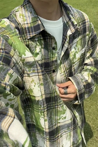 扎染格子衬衫男生春秋季中性简约风情侣潮牌宽松休闲长袖衬衣外套图片