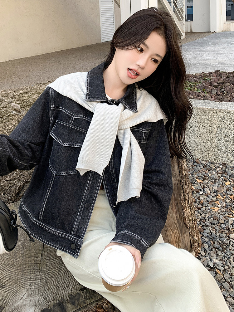 时尚女装牛仔外套加披肩设计黑牛兰牛两色可选百搭显瘦款,女装牛仔外套,鑫慧