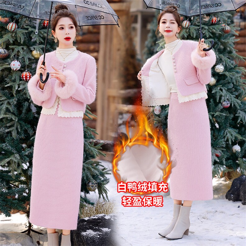 现货！2024秋冬新款气质小香风套装狐狸毛女装,女装羽绒服,丽美静依