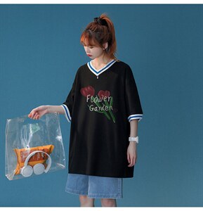 中性 2022新款夏季设计感小众v领宽松ins情侣短袖T恤T880 P35控48图片
