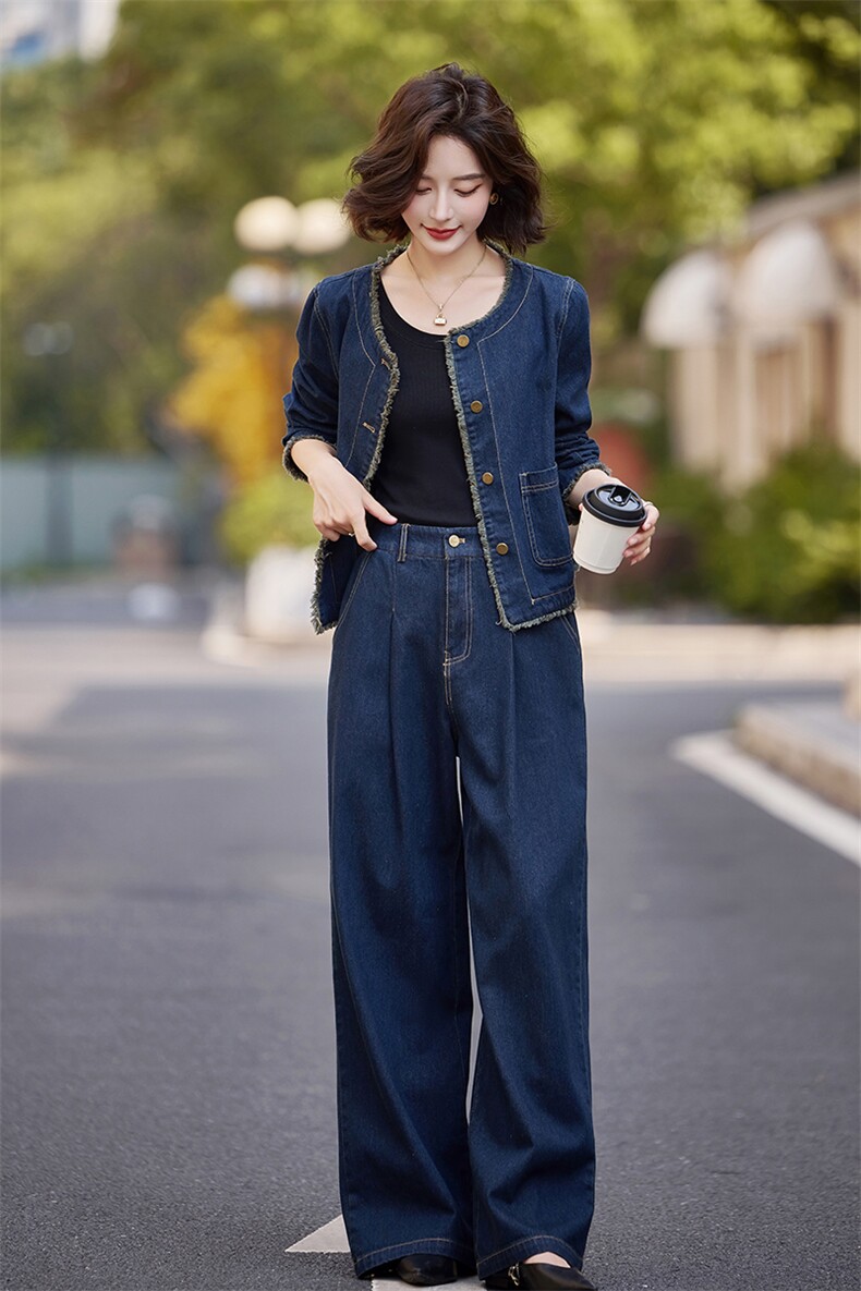 时尚套装女2025春秋复古牛仔短外套宽松长裤休闲潮流风格两件套潮,女装套装/套裙,仟媚宠