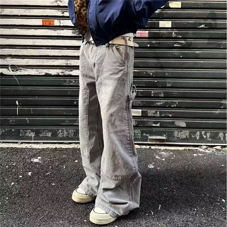 水洗做旧灰色牛仔裤男cleanfit美式高街复古宽松直筒垂感阔腿长裤,男装牛仔裤,星座506A