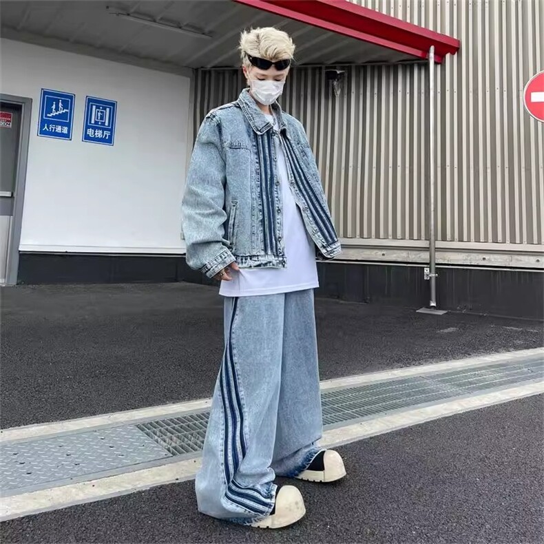 JK8941-P68 美式覆古三条杠翻领牛仔外套男款潮流街头百搭图片