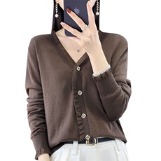 高支精纺羊毛衫V领蕾丝边假开衫女春夏季薄款洋气内搭针织打底衫，女装羊毛衫，朝思羊绒