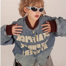 J3355-P70春秋季美式复古学院风设计感重工水洗字母牛仔棒球服，女装职业装，电商B323A