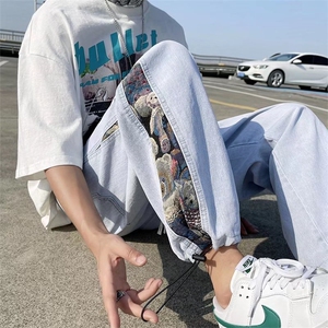 美式高街拼接牛仔裤男宽松潮流束脚裤NK80P43图片