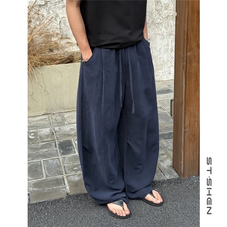 网图夏季薄款亚麻混纺松弛垂感休闲拖地弯刀裤男女310A-C822-P35,男装休闲裤,四季星座310A
