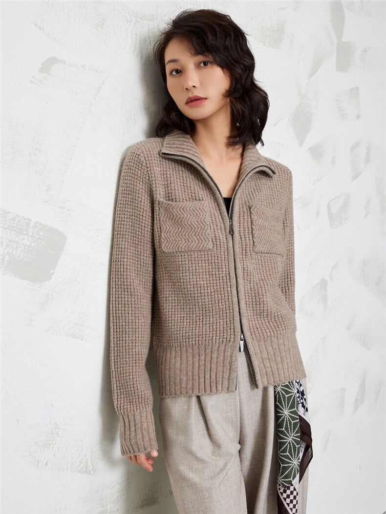 2025年秋季新款元宝针拉链外套，女装针织衫/毛衣，邦太羊绒