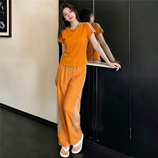 女夏季新款时尚休闲运动套装圆领短袖上衣竖纹拼接阔腿长裤两件套，女装套装/套裙，江南