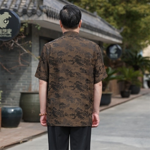 主推风唐装男夏新款香云纱立体扣冰丝提花短袖中老年套装图片