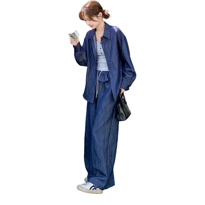日系休闲轻薄衬衫阔腿裤套装女2025春夏新款设计感宽松显瘦两件套,女装套装/套裙,2C262