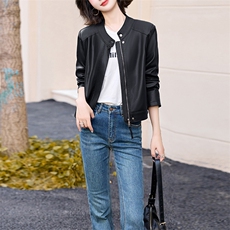 现货立领拉链长袖小个子短款海宁仿绵羊皮皮衣外套女2024年秋季，女装皮衣，美拉德工厂直营店