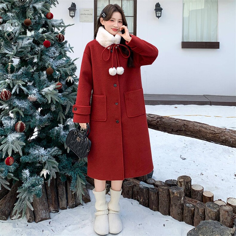 2025年冬季新款韩版时尚优雅气质内胆含90白鸭绒长款羊毛呢大衣，女装毛呢外套，心心服饰