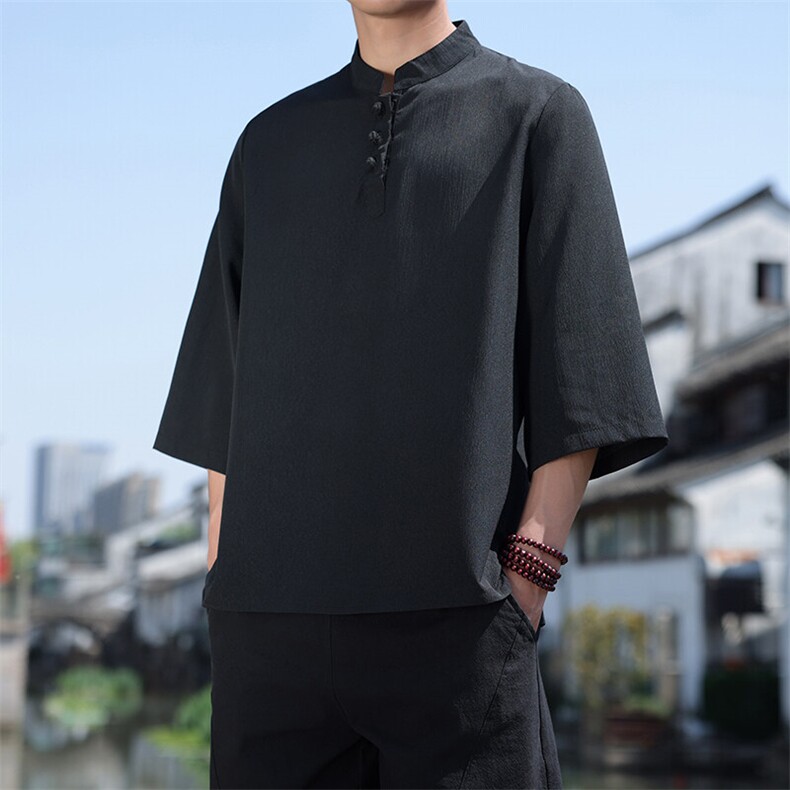 2025新款夏季风纯色立领上衣盘扣休闲T恤宽松潮流男T2505-P45,男装T恤,电商A008
