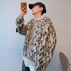 dannyandzee冬季潮牌复古慵懒撞色豹纹拉毛保暖圆领针，男装棉衣，星座218-1（原230）