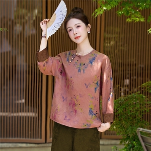 长期有货2026印花上衣女夏季薄款透气中袖衬衫中年妈妈宽松减龄图片