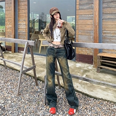 美式复古高腰微喇牛仔裤女2025秋季重工水洗不贴腿宽松显瘦阔腿裤，男装牛仔裤，星座506A