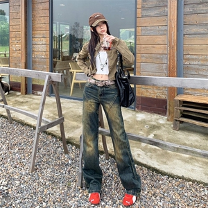 美式复古高腰微喇牛仔裤女2025秋季重工水洗不贴腿宽松显瘦阔腿裤图片