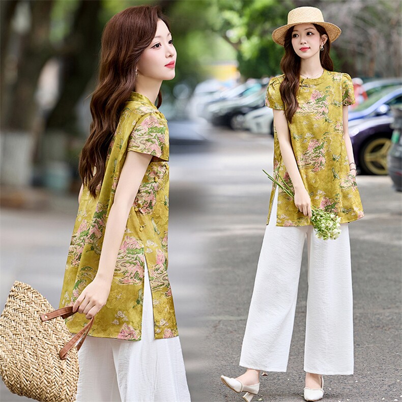 新中式富婆姐姐套装女2025夏新款复古印花盘扣上衣阔腿裤两件套，女装套装/套裙，木橙西子