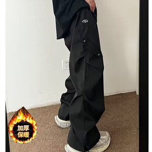 现货伞兵工装裤男女秋冬季宽松休闲裤痞帅阔腿直筒潮加绒加厚裤子,橘色碎花上衣穿搭裤子图片