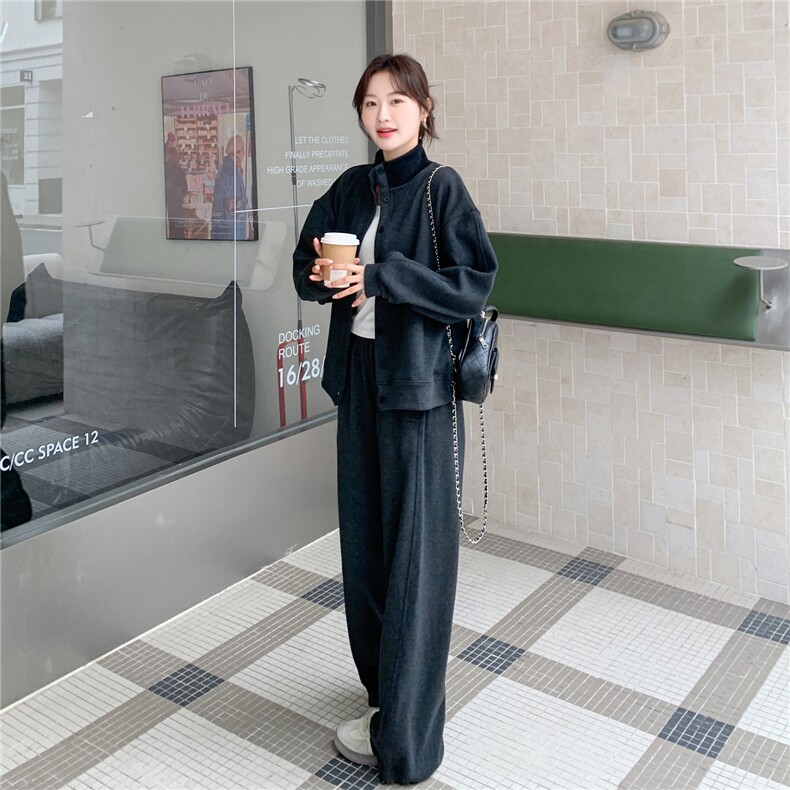 灰色松弛感加绒加厚立领卫衣两件套女2025冬季新款学院风显瘦卫裤,女装套装/套裙,艾米莉亚