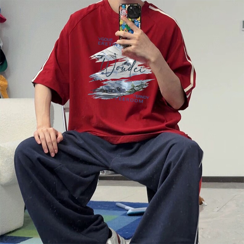 抖音得物高品质二开240克宽松纯棉美式潮牌三条杠织带短袖T恤,男装T恤,电商A486-1