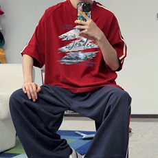 抖音得物高品质二开240克宽松纯棉美式潮牌三条杠织带短袖T恤，男装T恤，电商A486-1