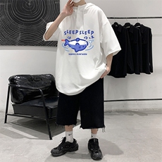 LD54453-P45连帽短袖t恤男大码胖子带帽五分袖中袖，男装T恤，电商A040