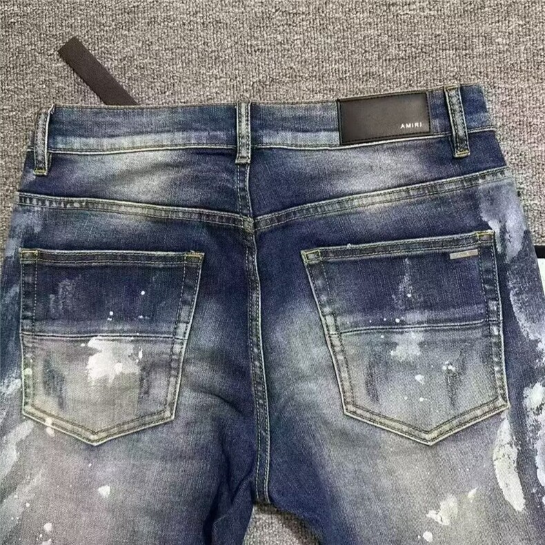 1506A/G99780/P60破洞补丁油漆弹力修身直筒蓝色牛仔裤,男装牛仔裤,星座1506A