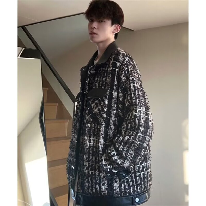 JY448-P69时尚编织夹克男短款潮流宽松拼接休闲小香风外套,男装夹克,星座1501-3