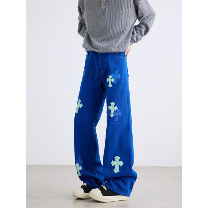 美式十字架牛仔裤重工刺绣贴皮男女同款宽松百搭阔腿长裤N748-P58，男装皮裤，星座308B-2