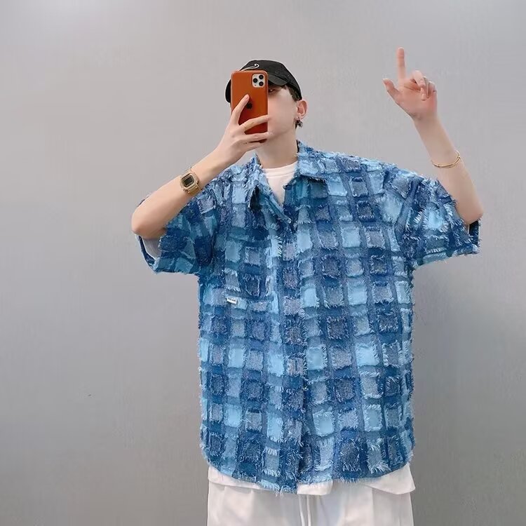 C93-P38 格子美式半袖高街衬衫香风流苏高级痞帅衬衣休闲宽松图片