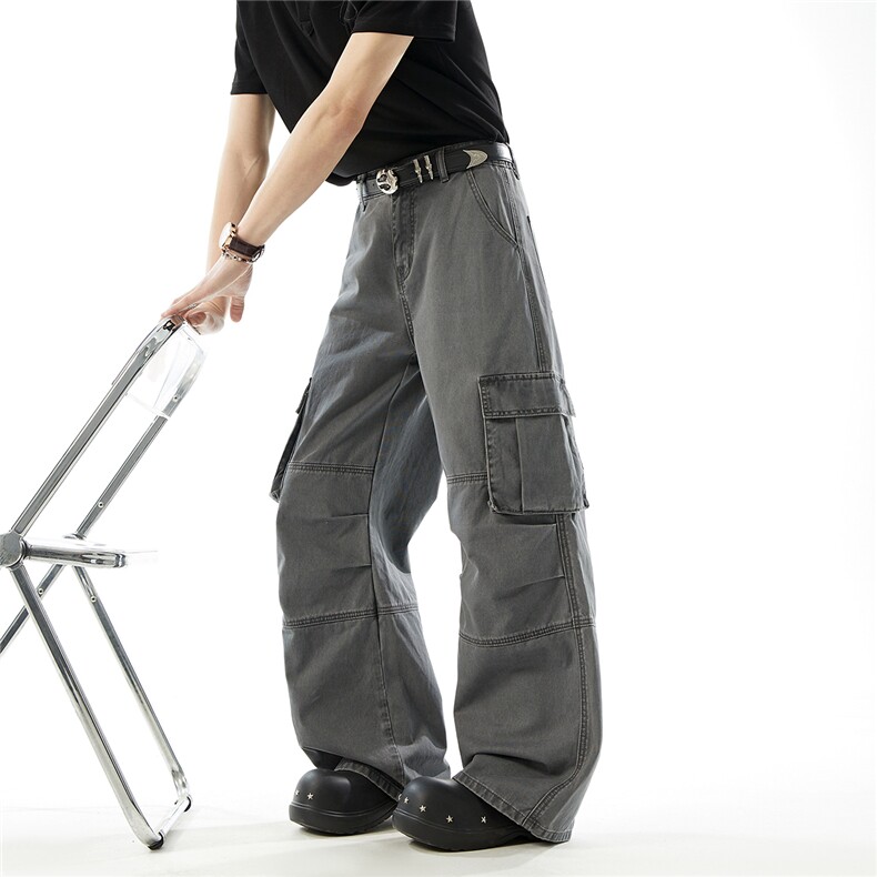 XT073现货高品重磅洗褪100棉褶位拼接工装休闲裤棚拍(P58X98)8图片