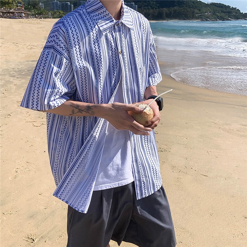 23港风短袖衬衫男士条纹潮流宽松大码半袖衬衣DX172P4558，男装T恤，电商B413-1
