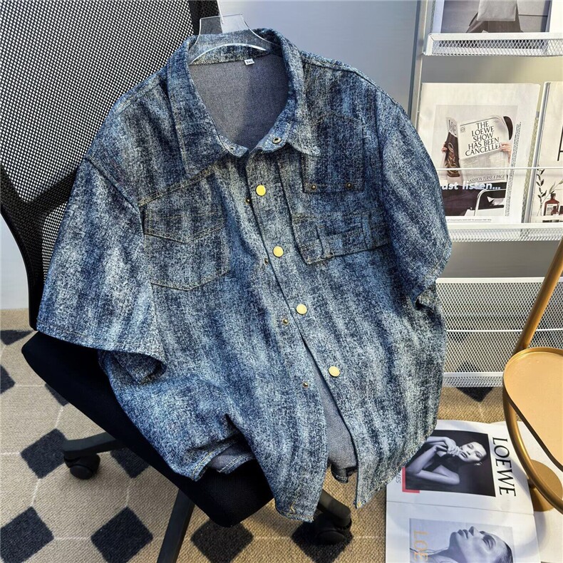 牛仔外套夏季凉感做旧扎染设计衬衣男士垫肩短袖4715P58，男装工装外套，星座410-2
