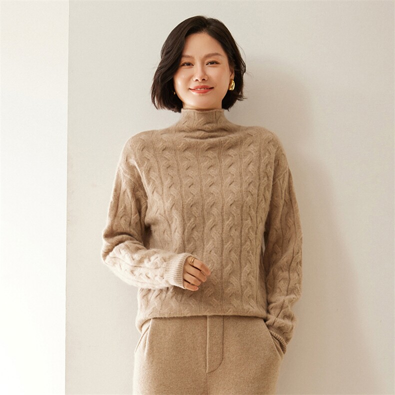 2024年秋冬季自带领加厚全身麻花35%羊绒衫，女装羊绒衫，绒创羊绒