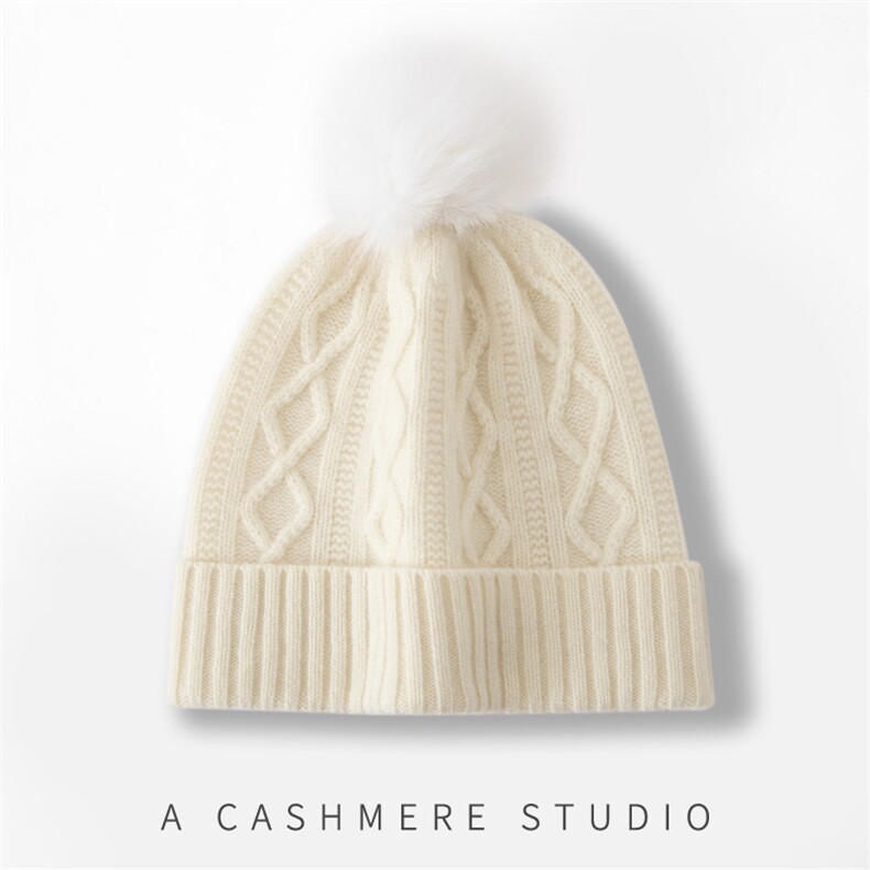 秋冬新款时尚保暖羊绒帽舒适百搭毛球装饰经典麻花编织设计,饰品帽子,窄众羊绒