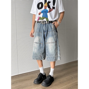 牛仔工装七分裤男2025夏季新款美式复古高街小众短裤D05512-P55图片