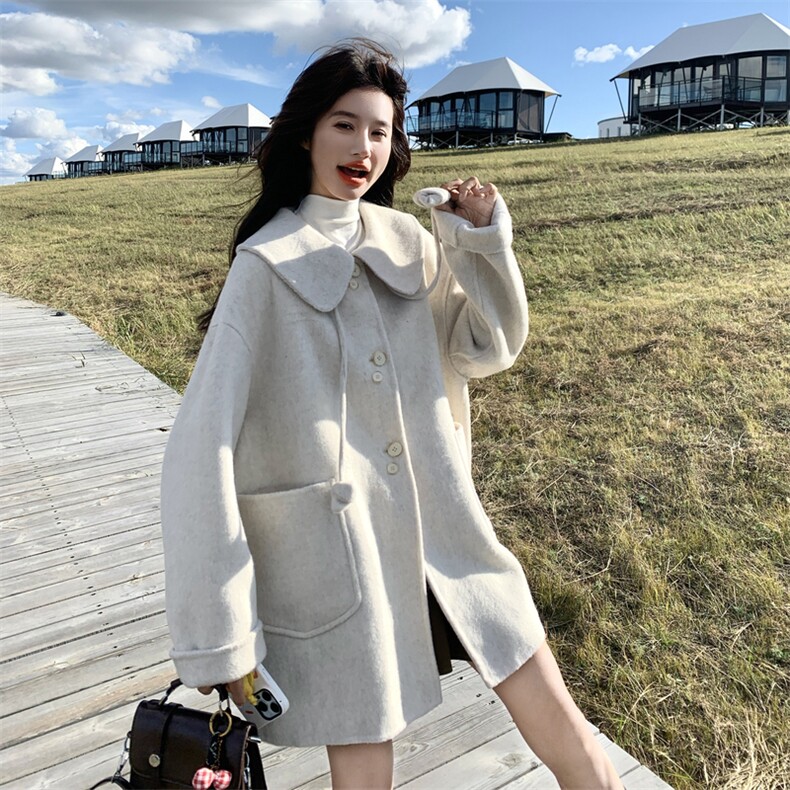 韩版气质高端羊毛呢大衣女2026早春新款中长款宽松显瘦羊绒外套厚,女装毛呢外套,丝露怡语