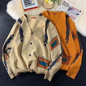 港风平铺秋季新款卡通男士毛衣开衫针织衫外套 XJ105-P75 控价108图片
