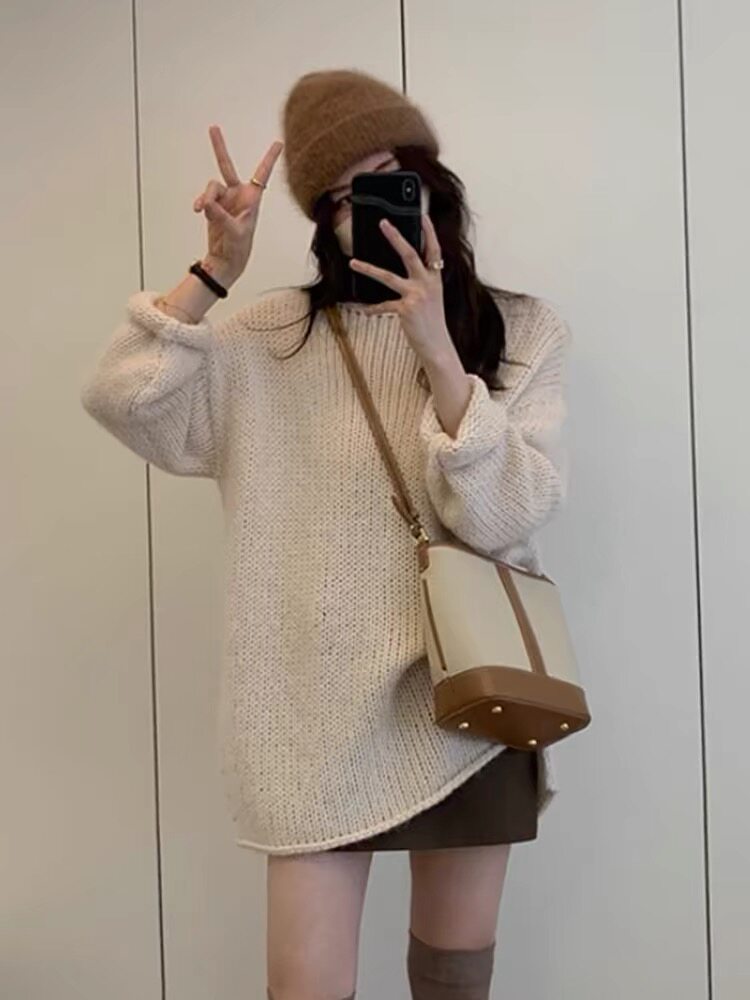 羊毛衫女宽松中长款粗针毛衣一字领羊毛打底衫，女装羊毛衫，思途羊绒